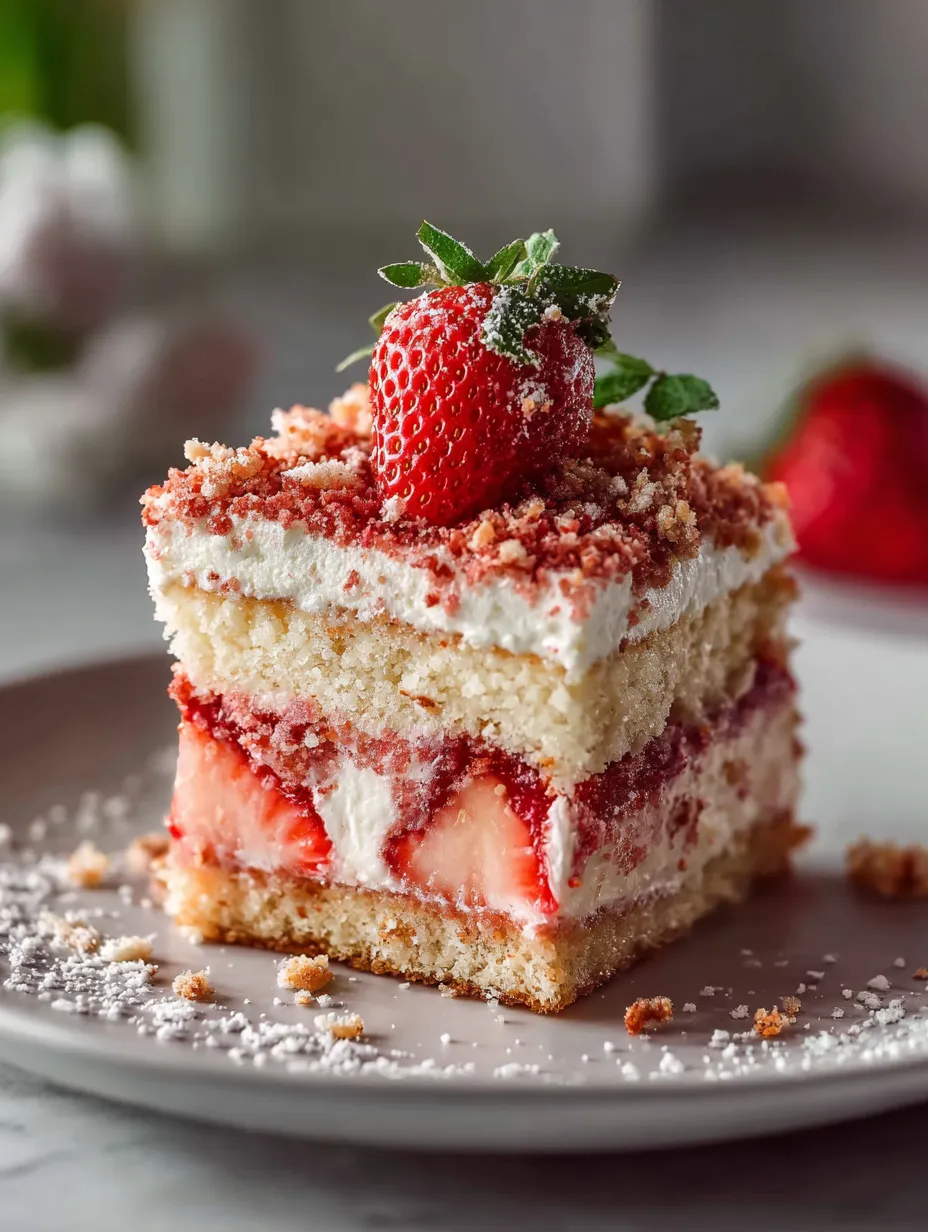 A slice of cake topped with strawberries.