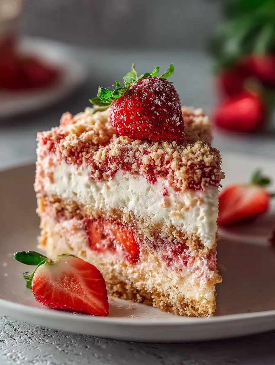 A slice of cake topped with strawberries.