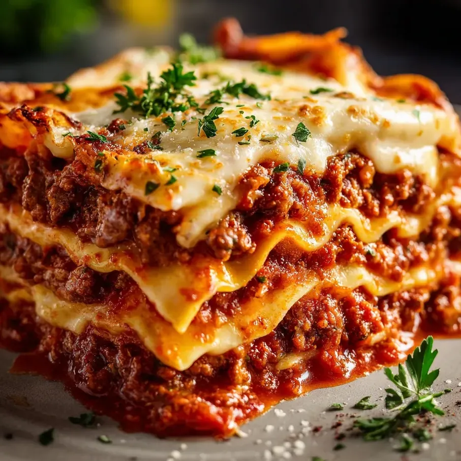 Lasagna slice stacked high with bubbly cheese and fresh herbs.