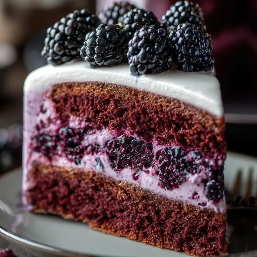 Slice of berry-filled cake with juicy blackberries on top.