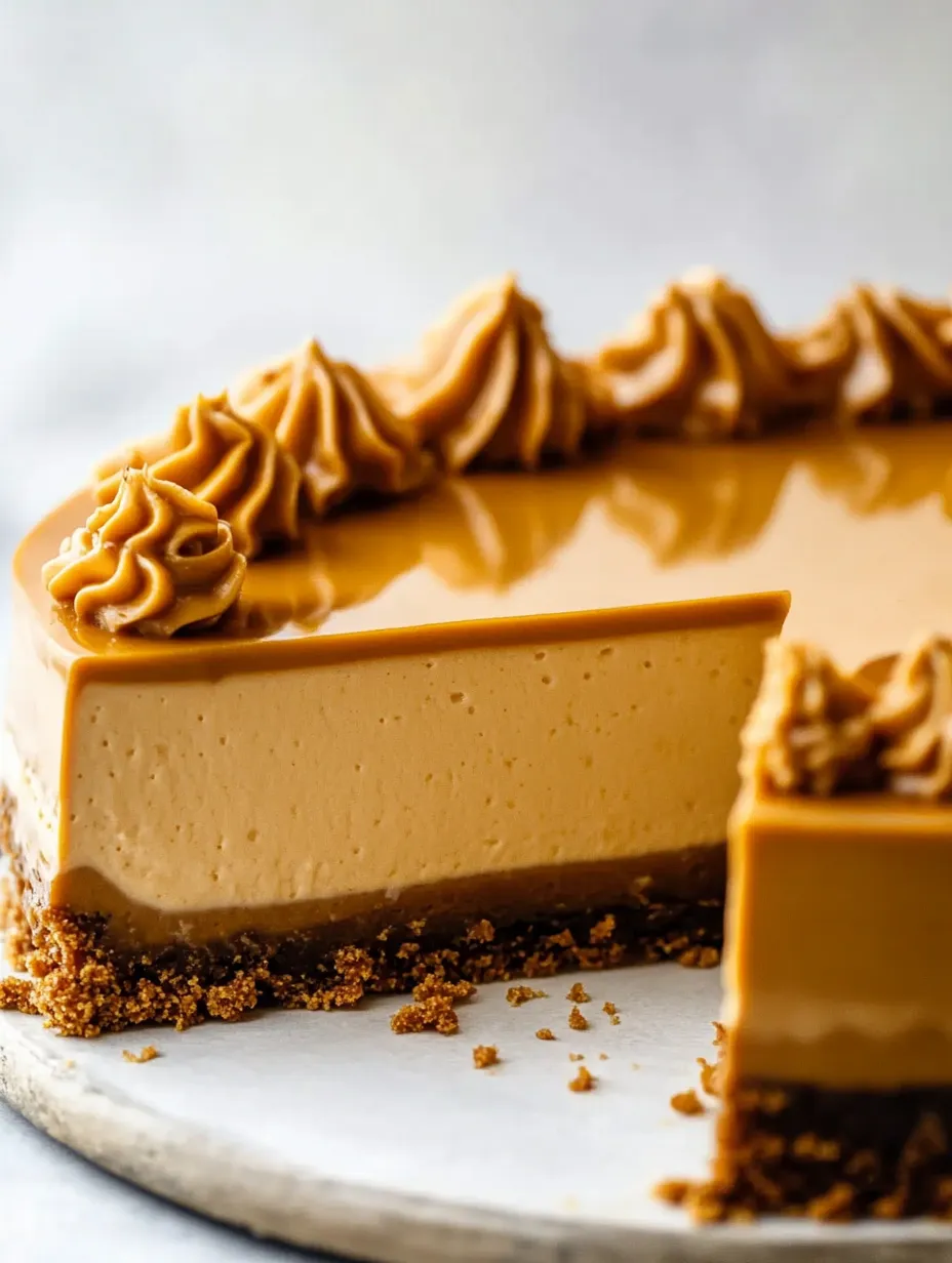 A wedge of caramel cheesecake with butterscotch topping.