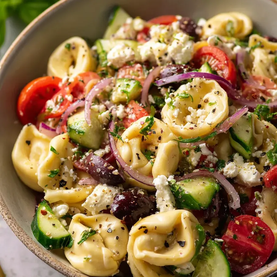A bowl filled with pasta, tomatoes, cucumbers, onions, and feta cheese.