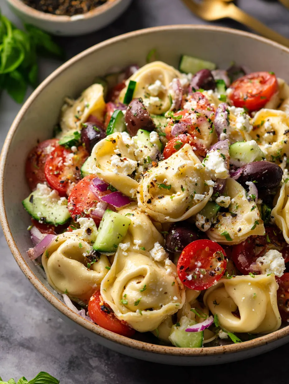 A bowl of pasta with tomatoes, cucumbers, olives, and feta cheese.