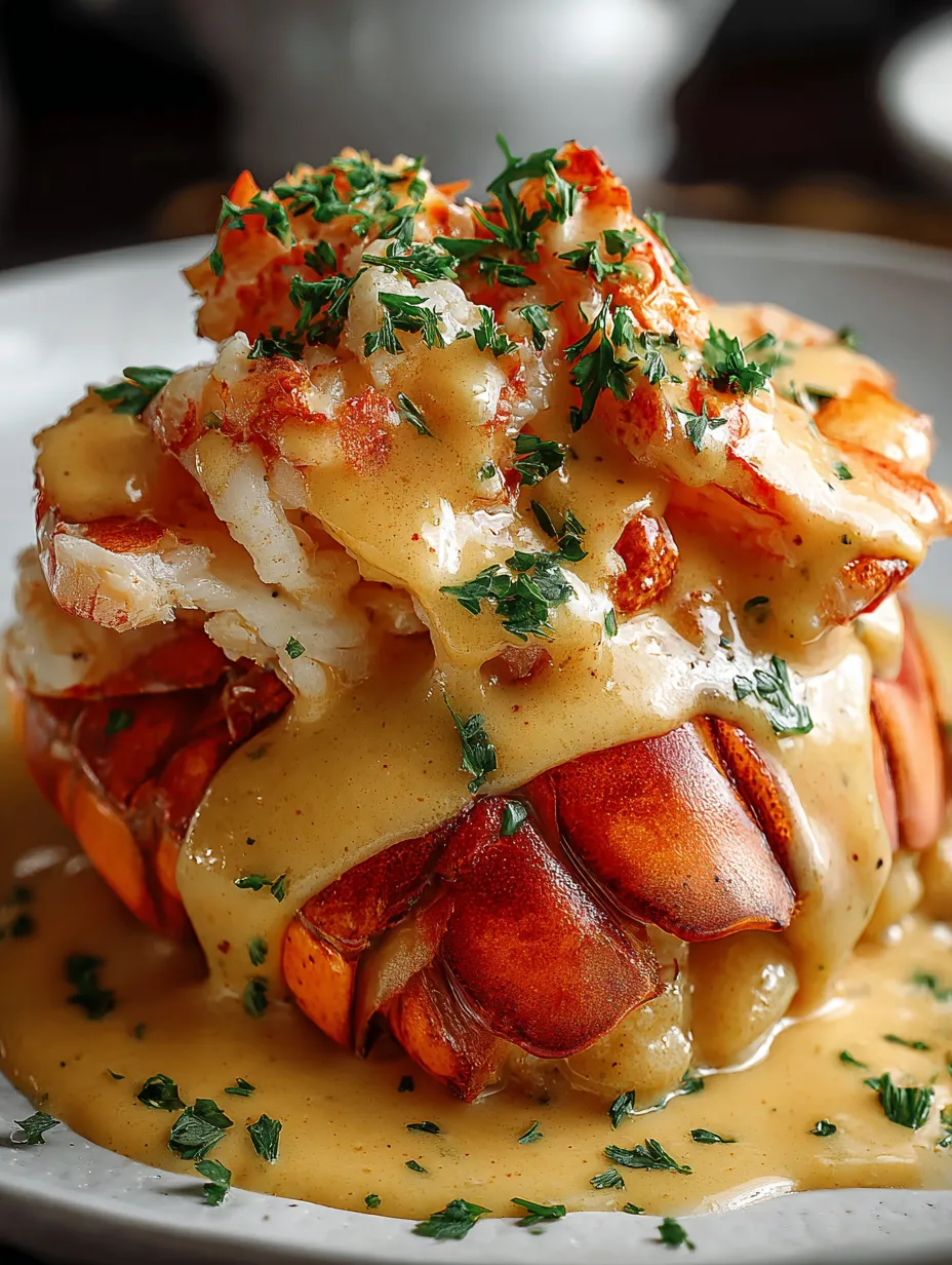 Lobster topped with rich, creamy sauce.