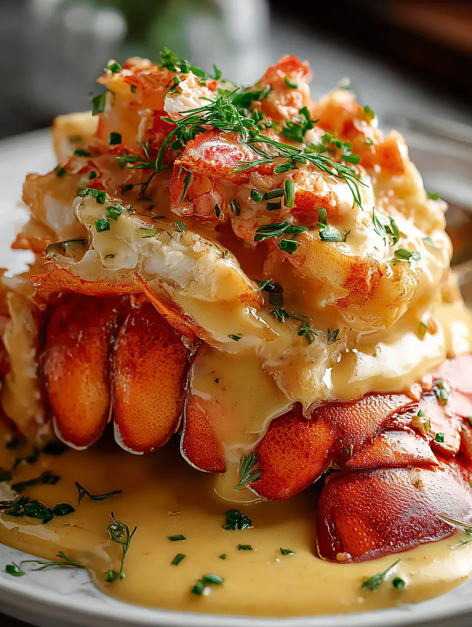 A plate piled with lobster in creamy sauce.