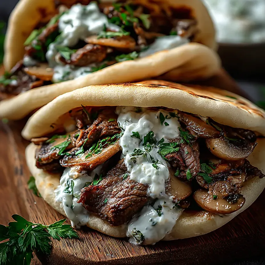 Two sandwiches with meat and mushrooms on a wood table.