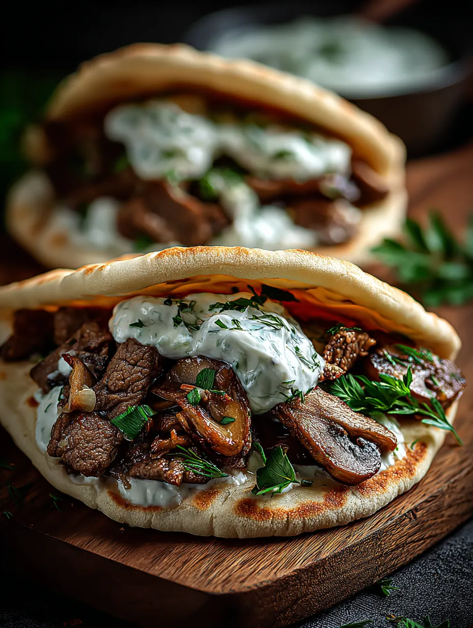 Two sandwiches loaded with veggies and meat set out on a wooden table.