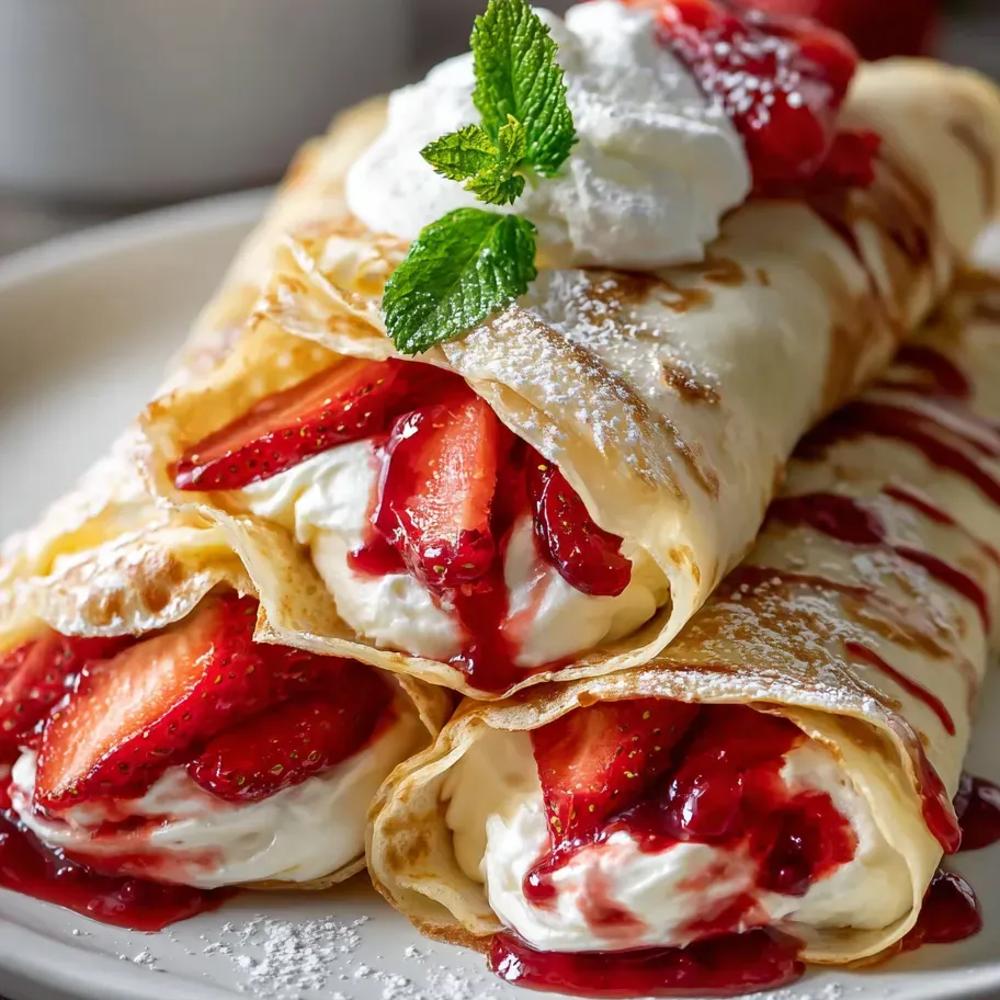 Strawberries and whipped cream piled on crepes.