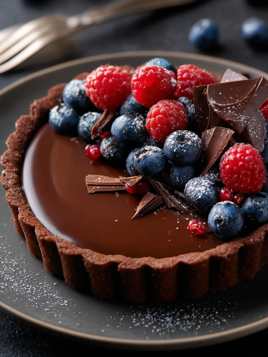 A chocolate dessert with berries on top.