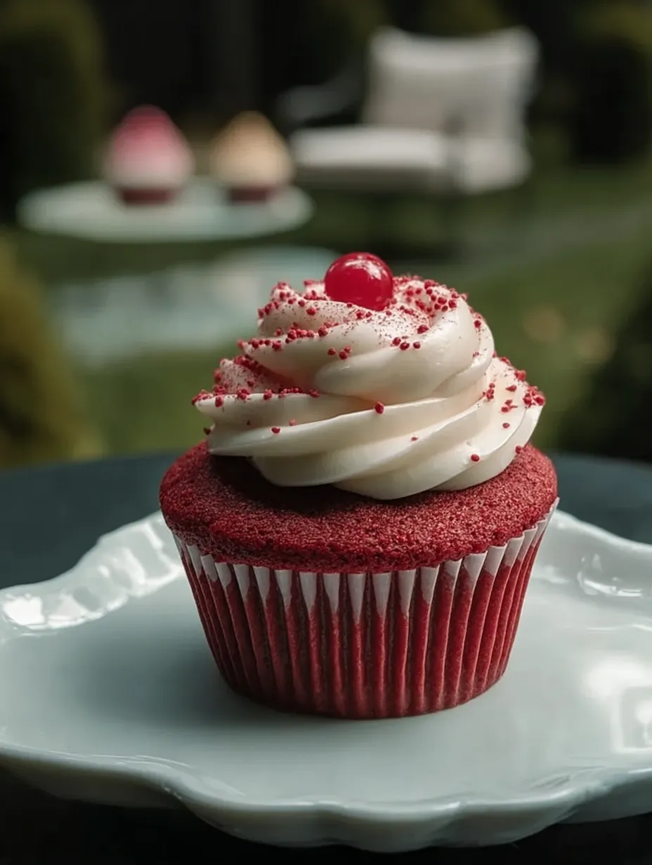 A red velvet cupcake with white frosting and a cherry on top.