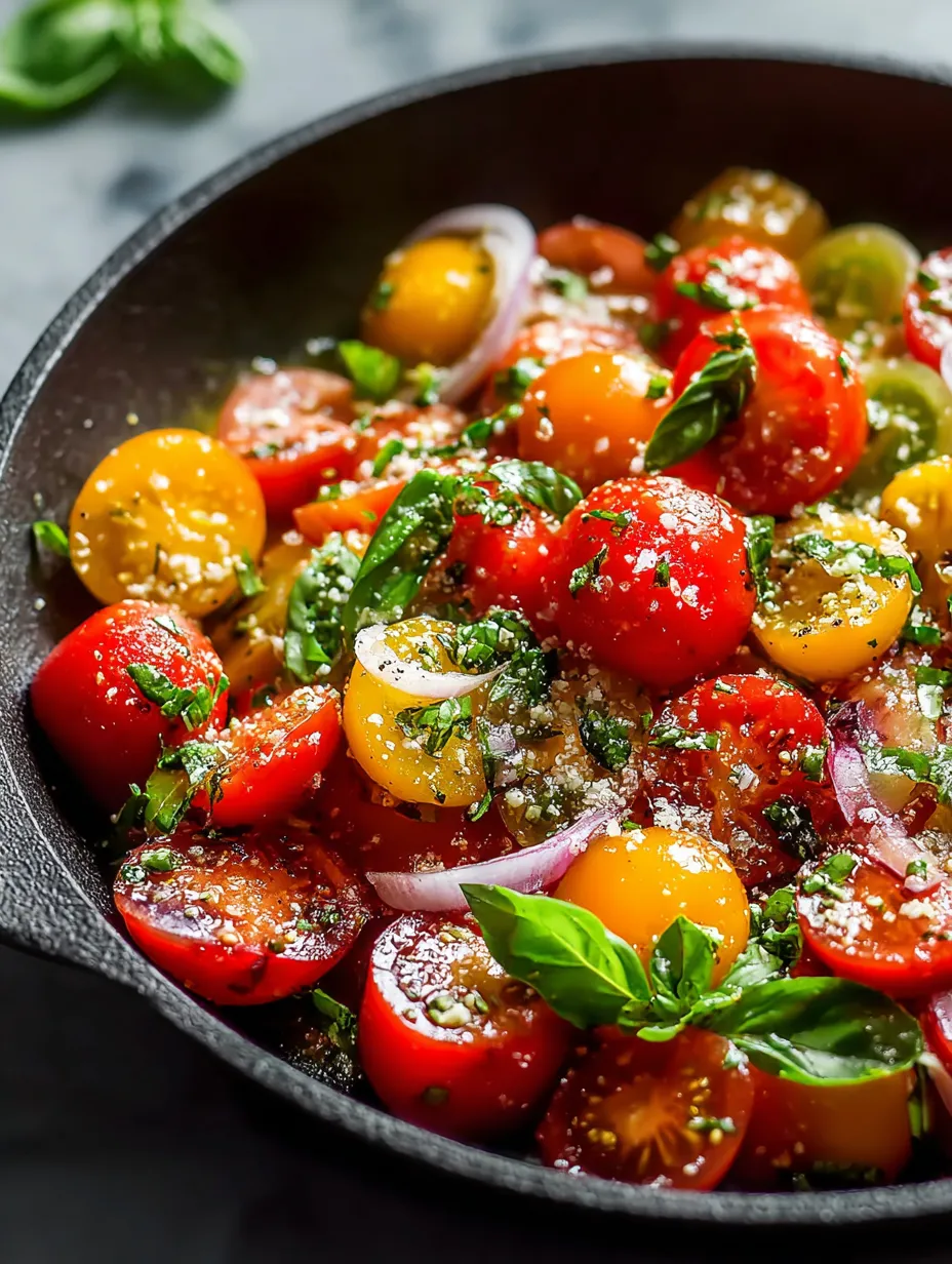 A bowl filled with tomatoes, basil, and onions.