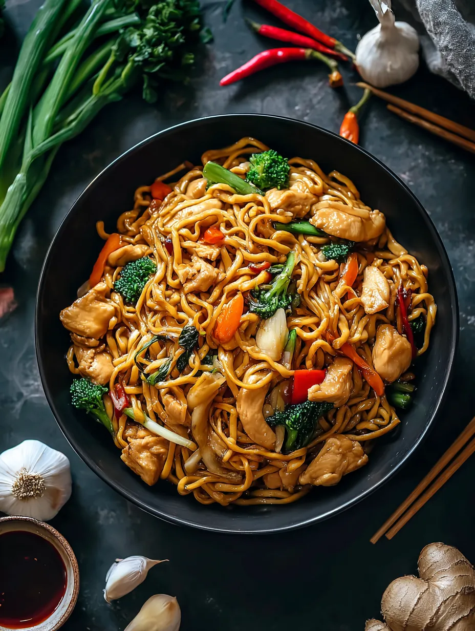 Chicken, broccoli, carrots, peppers and noodles in a flavorful Chinese bowl.