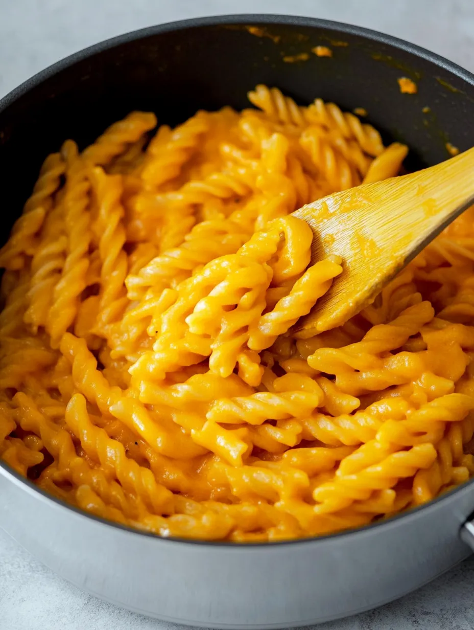 Spoon dipped inside a pot of creamy noodle dish.