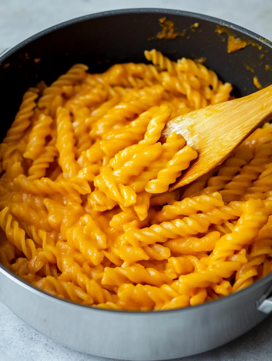 Wood spoon scooping up creamy pasta in a pot.