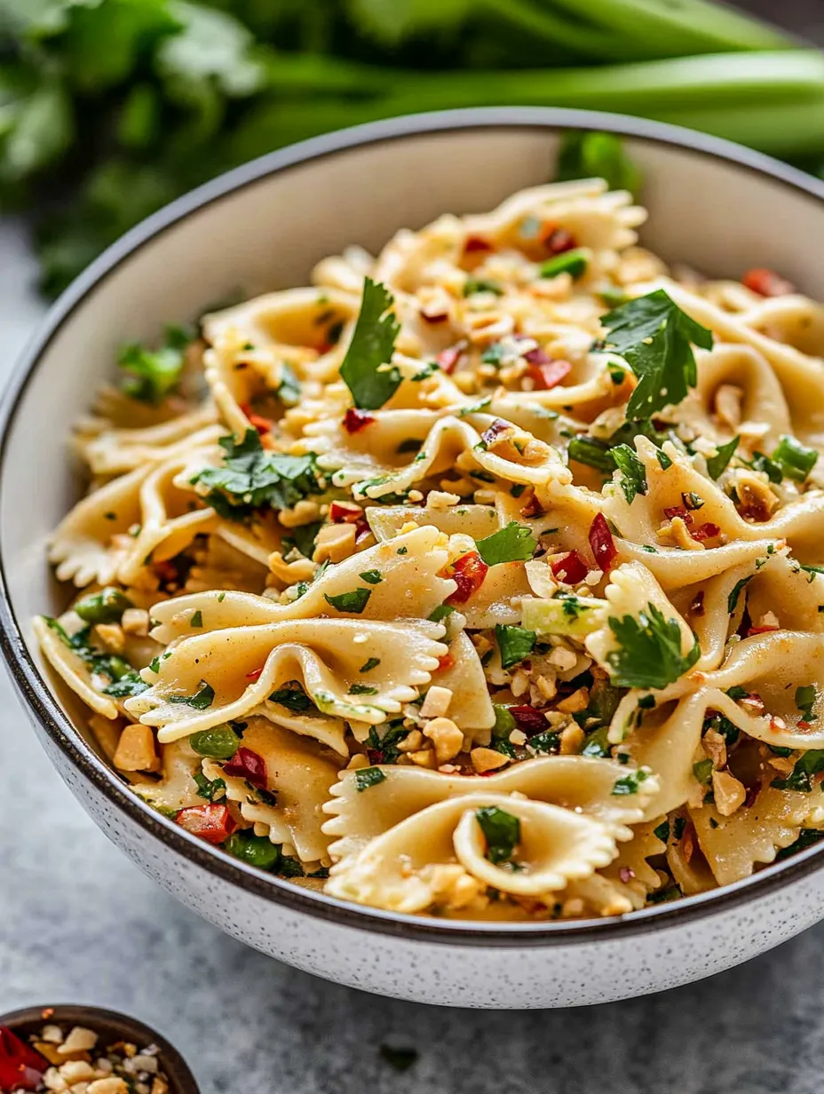 A bowl showing pasta with herbs and red pepper accents.