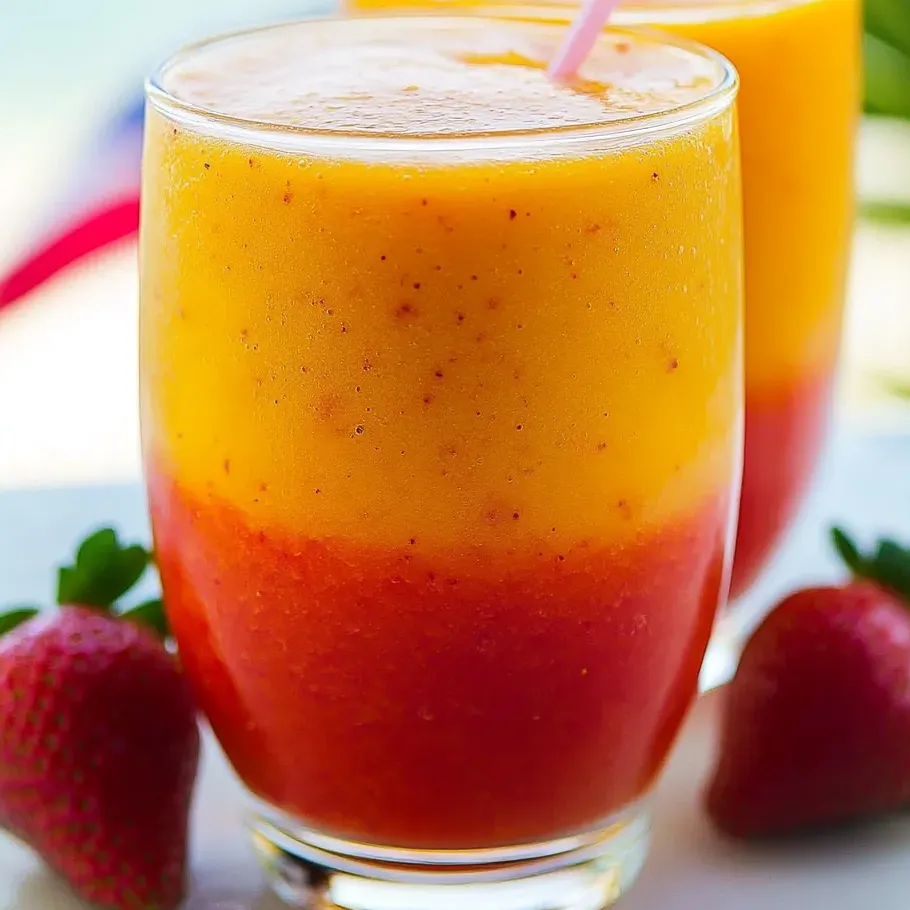 Glass full of orange juice and strawberries layered inside.