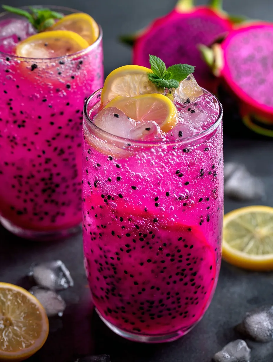 A brightly colored pink drink in a glass, topped with lemon wheels.