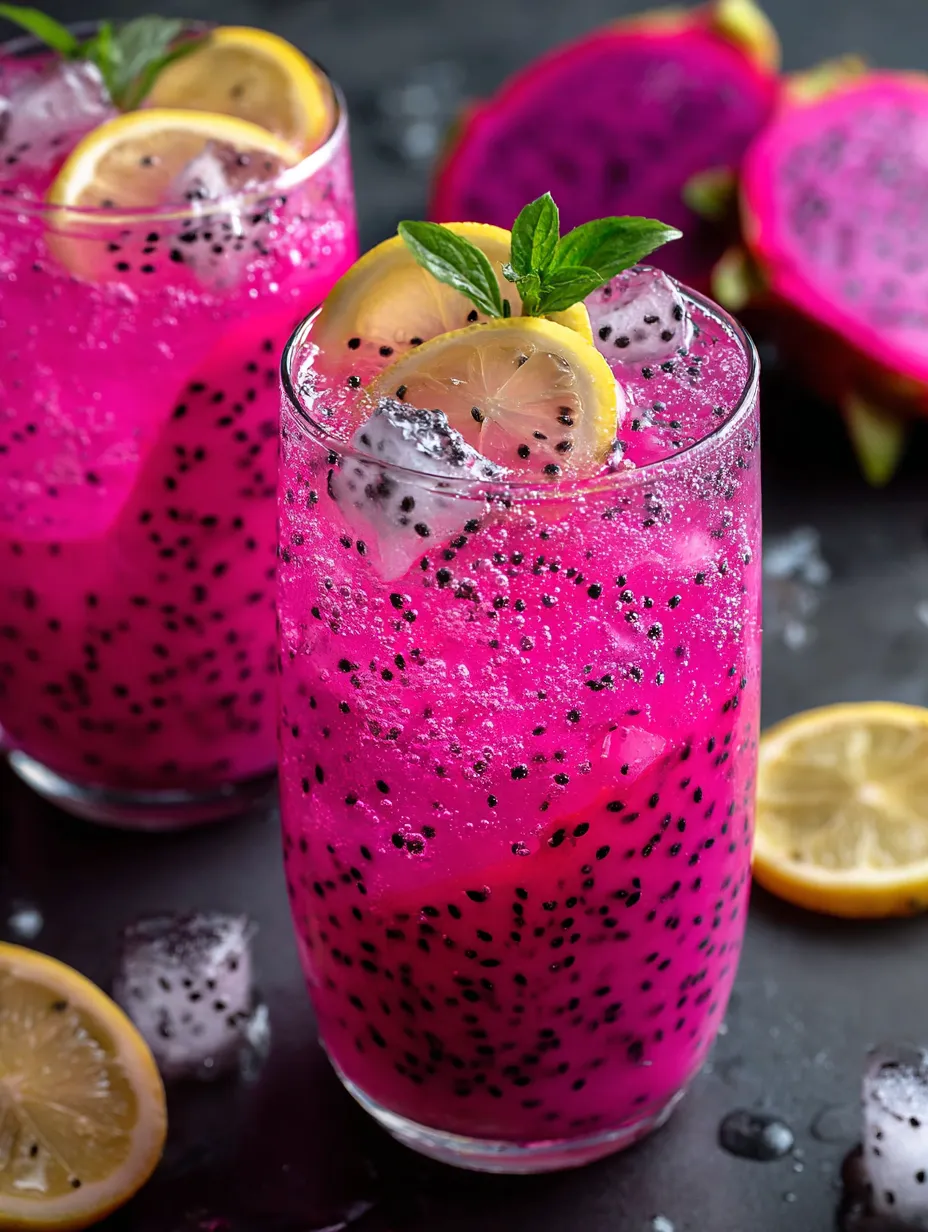 A cup of bright pink drink topped with a wedge of lemon.