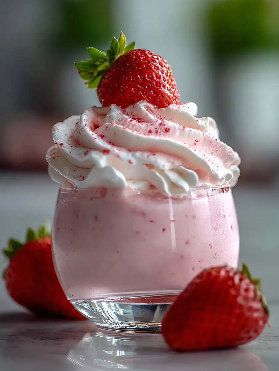 A clear cup of pink mousse topped with strawberries and mint.