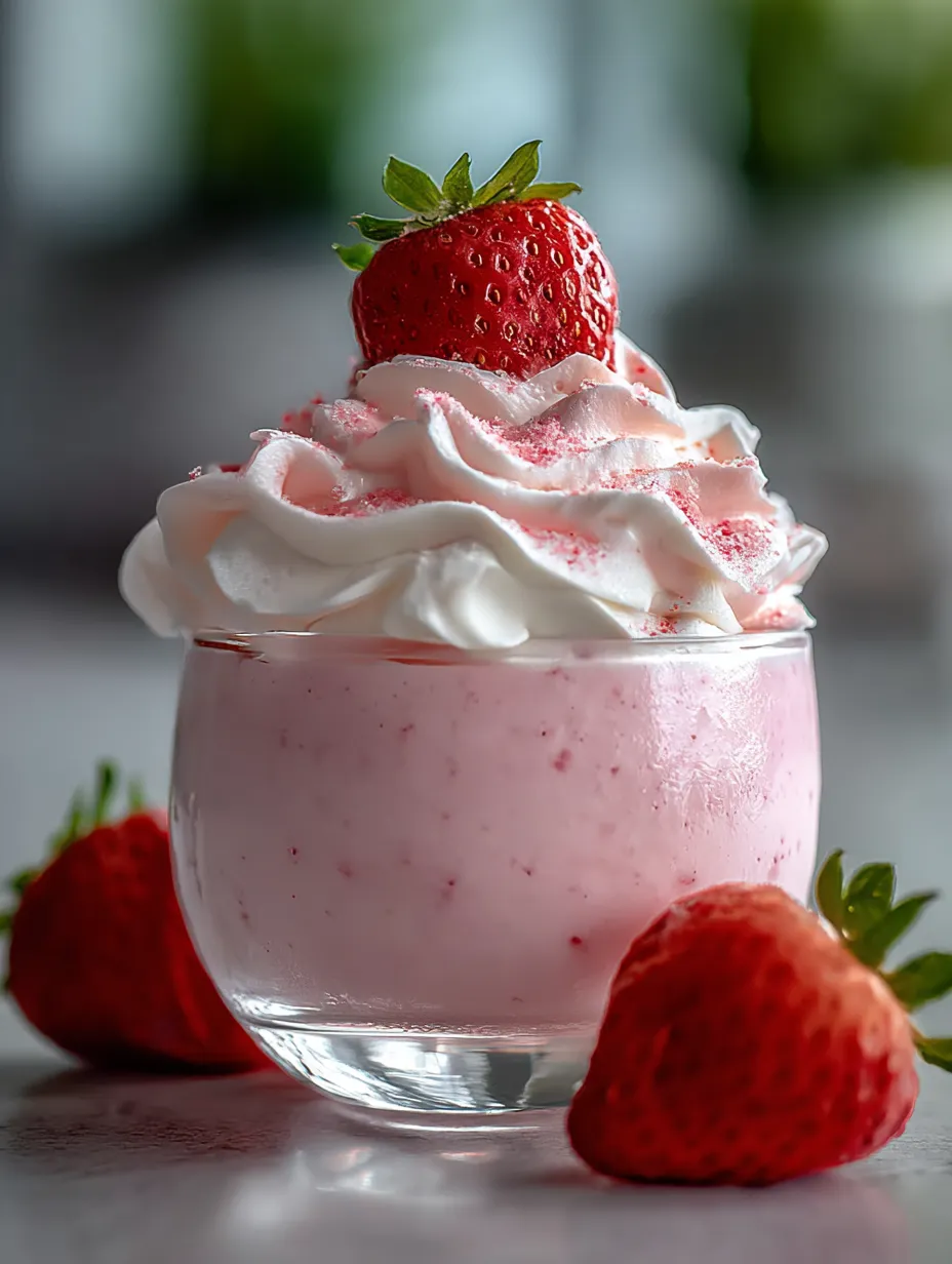 A glass cup filled with fluffy strawberry mousse on a table.