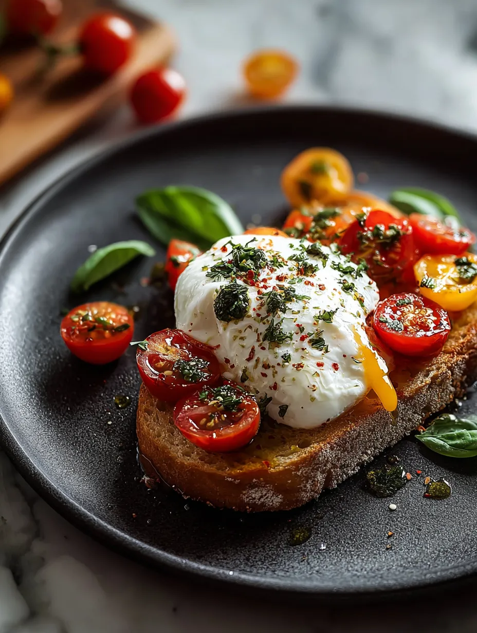 A plate topped with cherry tomatoes and sprigs of basil.