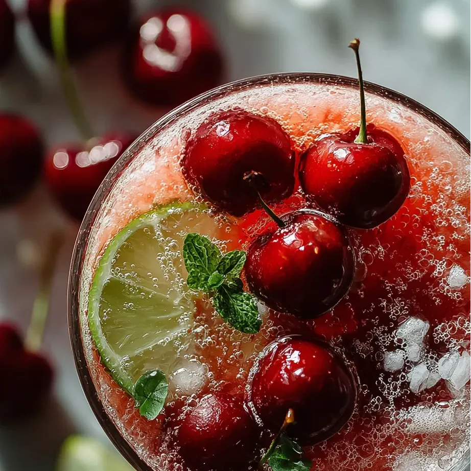 Glass packed with cherry juice, topped with a cherry.