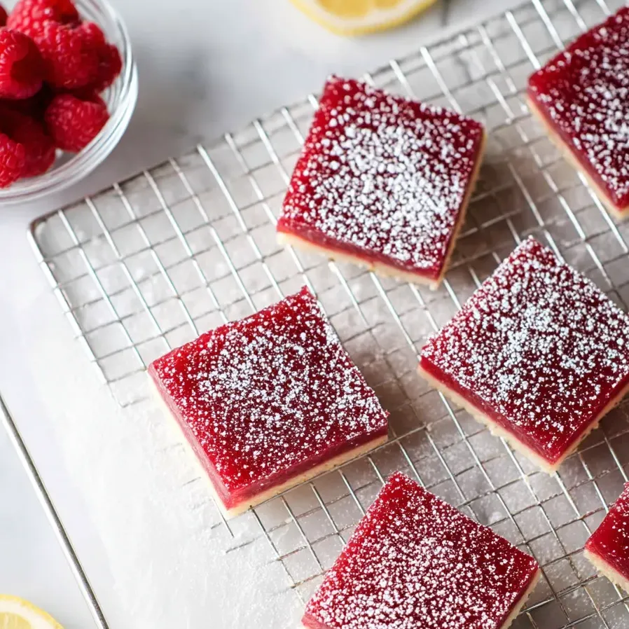 Bright red squares dusted with white sugar sit in a pan.