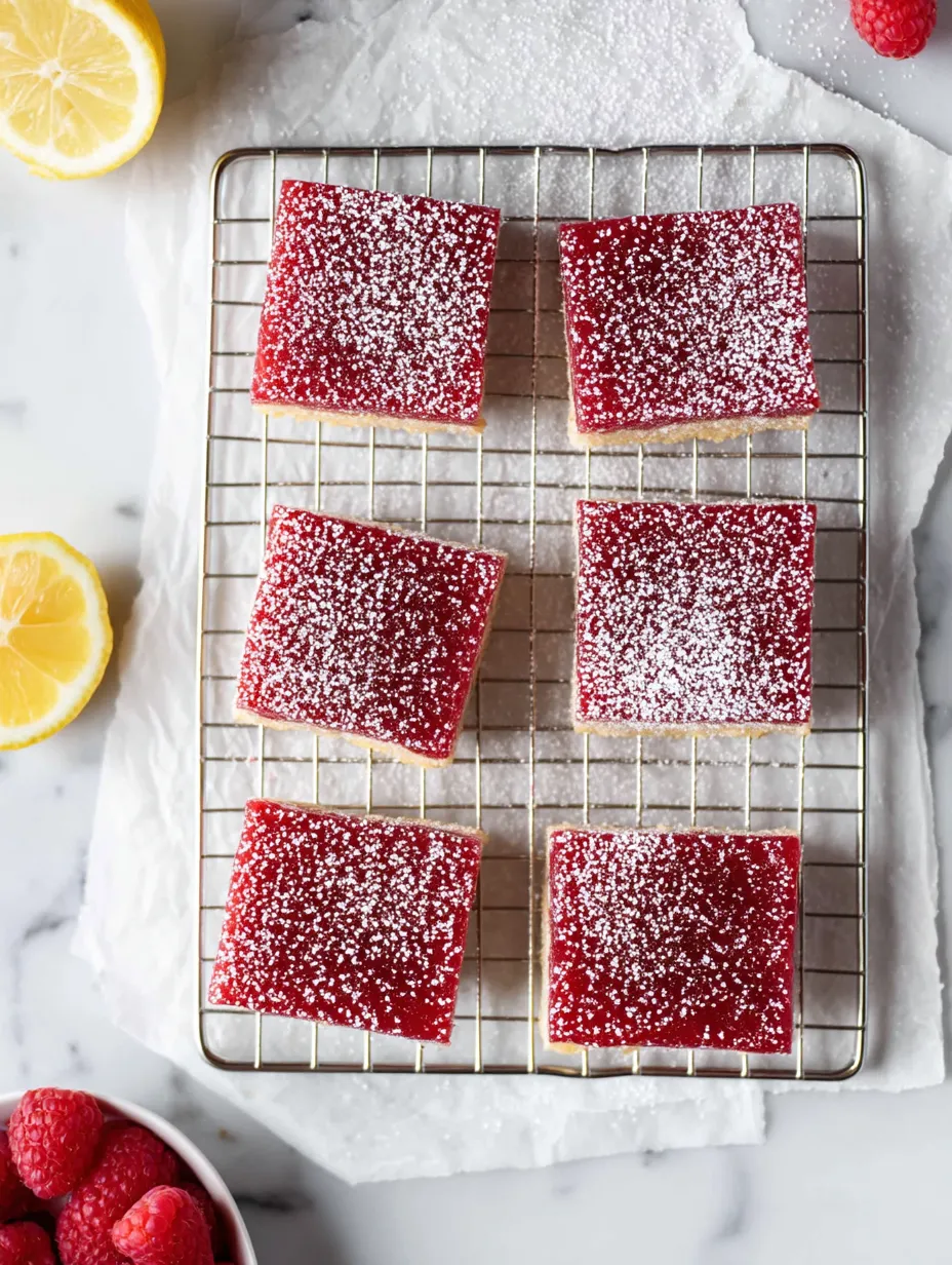 Red squares with a dusting of powdered sugar on a baking pan.