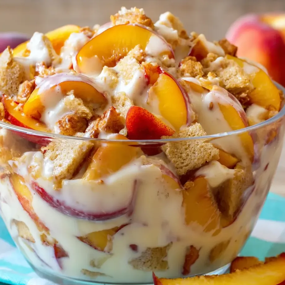 A bowl with peaches topped with crunchy bits.