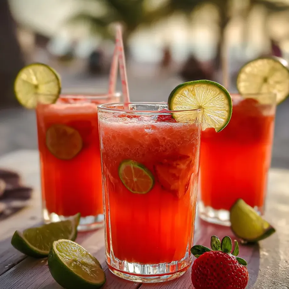 Three red drinks in glasses with fresh strawberries and lime on top.