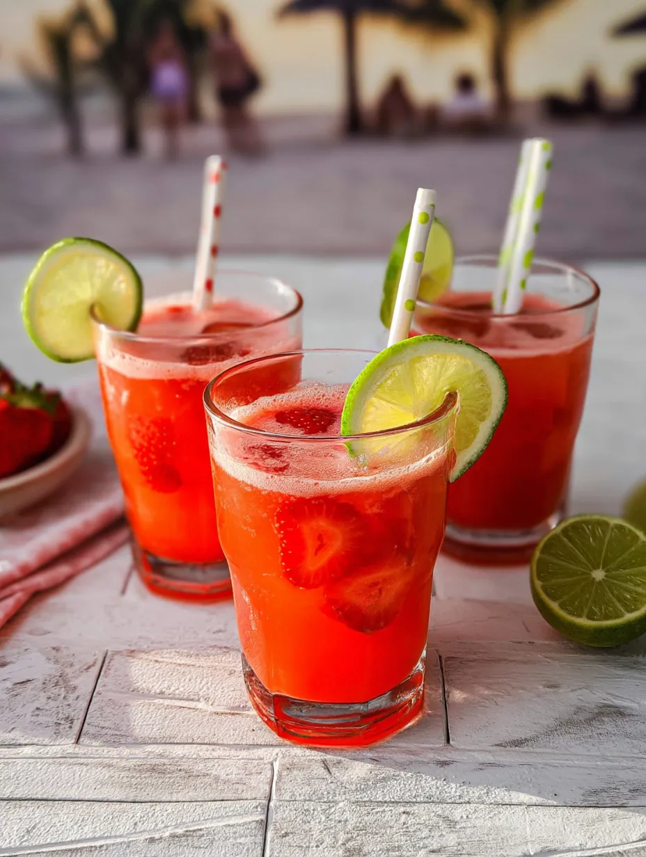 Three glasses of red drink with limes.