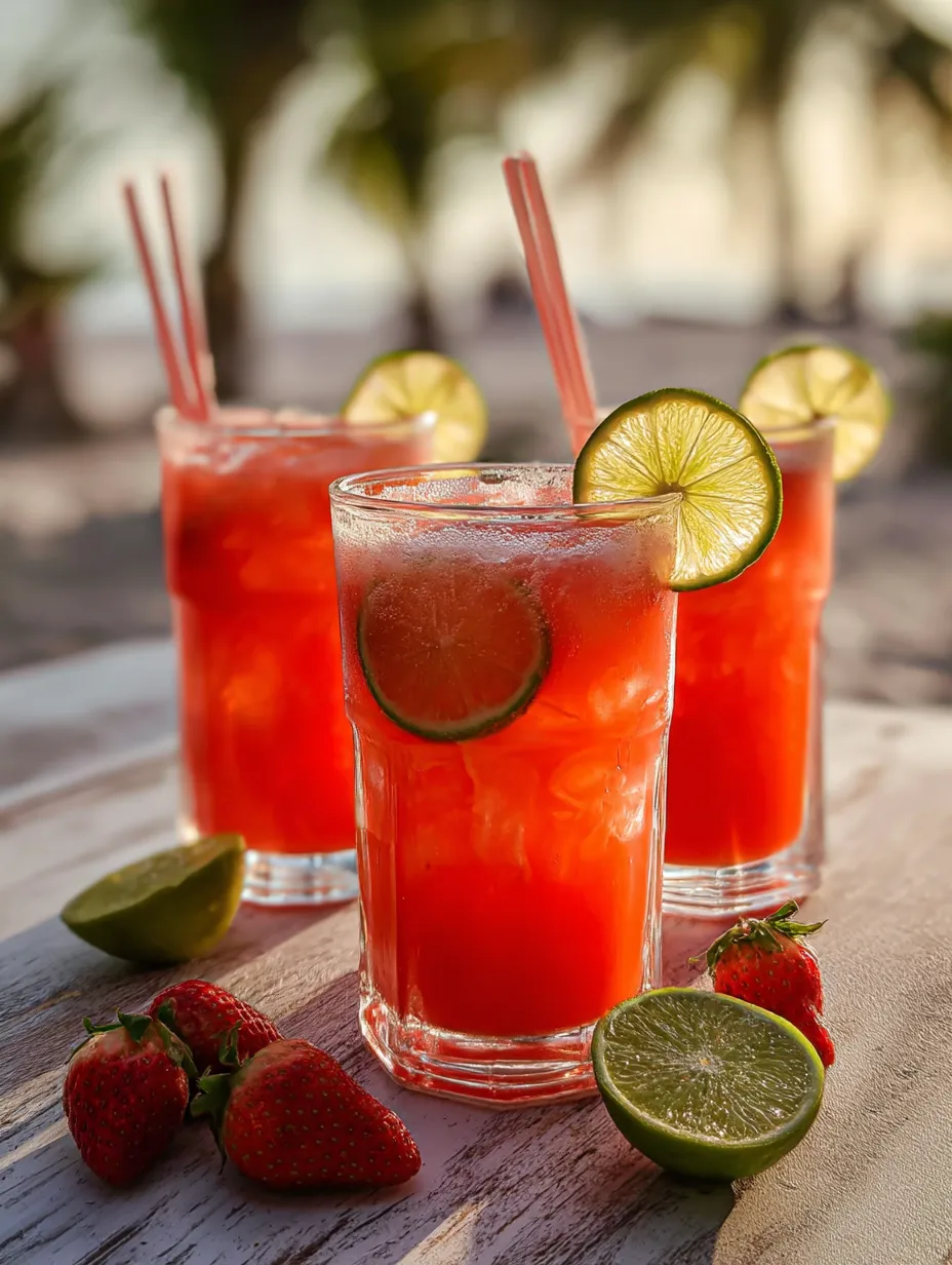 Two glasses of red drink with limes and strawberries.