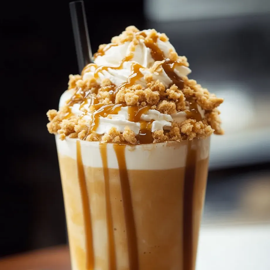 Tall glass filled with caramel drizzle and fluffy whipped cream.
