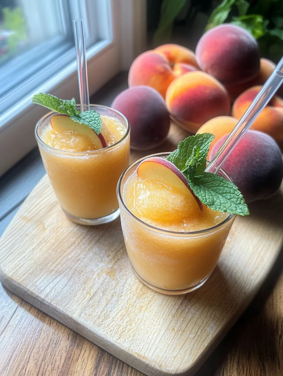 Two chilled peachy drinks with mint on top.