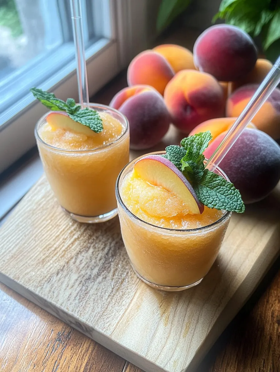 Two glasses filled with peachy juice and fresh mint leaves.