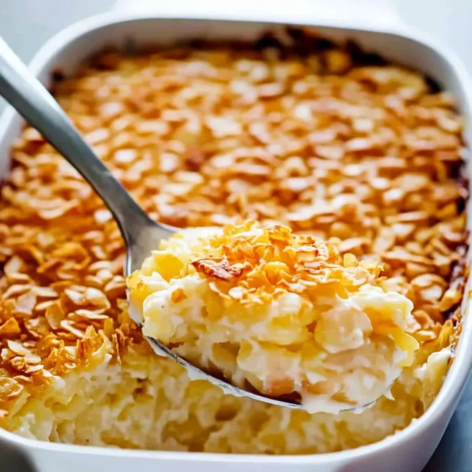 A spoon sits in a hearty, cheesy potato bake.