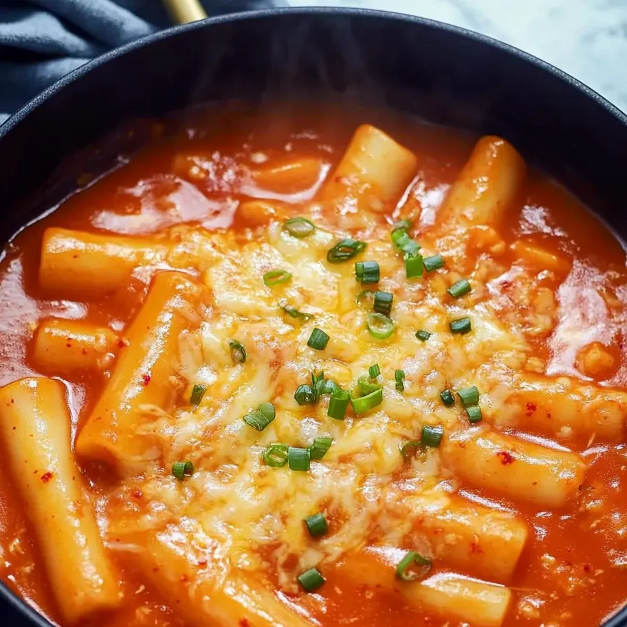 A bowl filled with chewy rice cakes, spicy sauce, and gooey mozzarella.