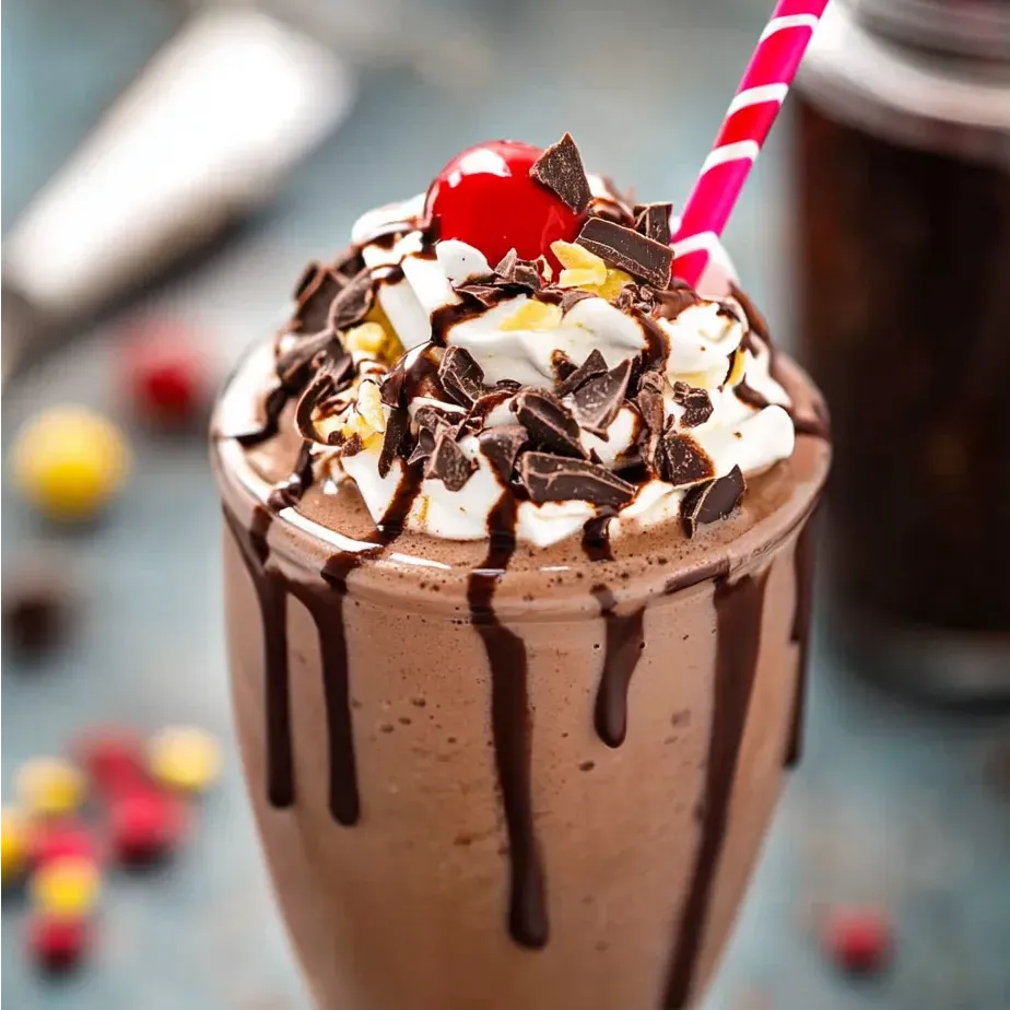 Chocolate milkshake finished with a cherry on top.