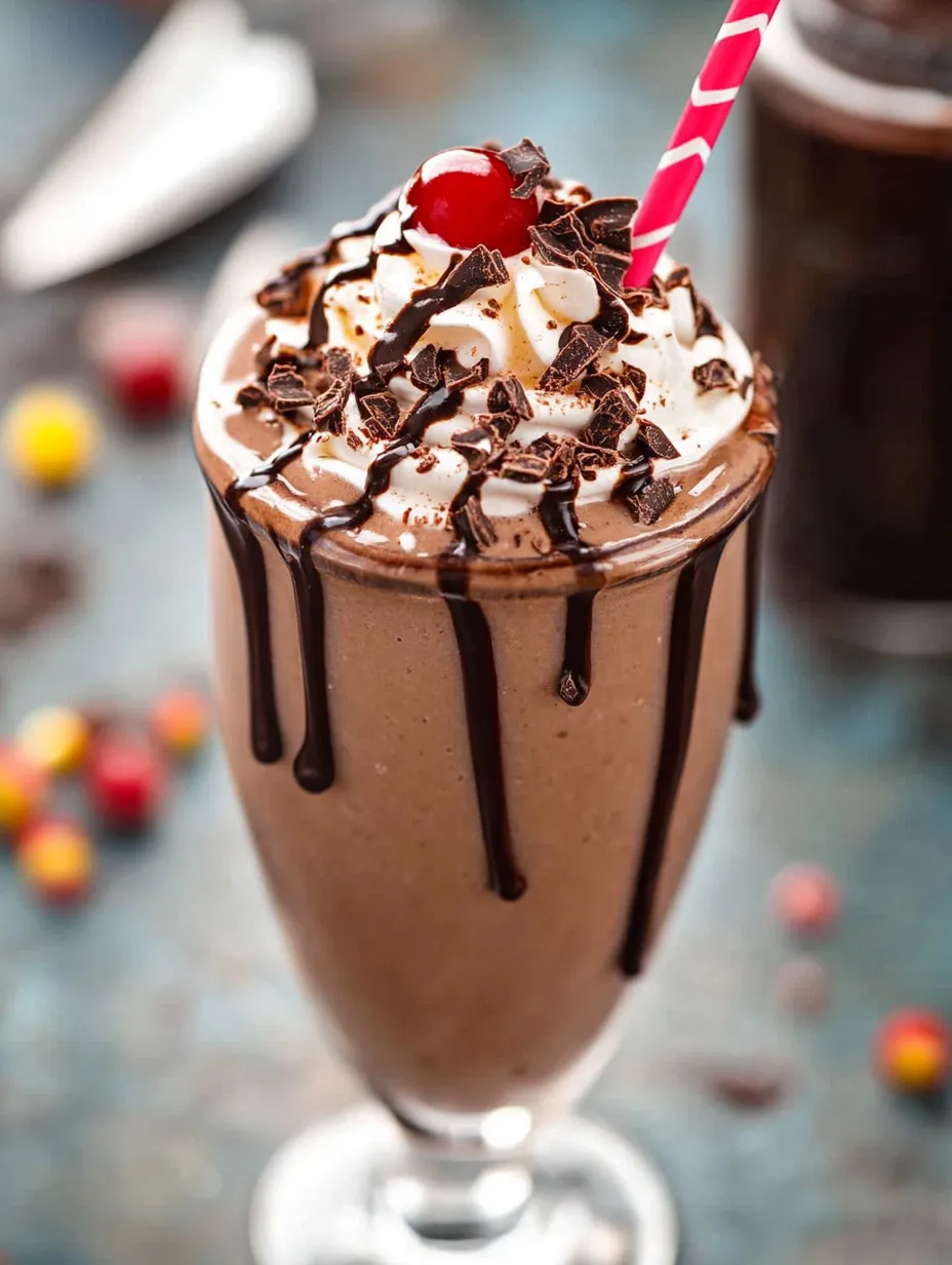 A chocolate milkshake with a cherry on top.