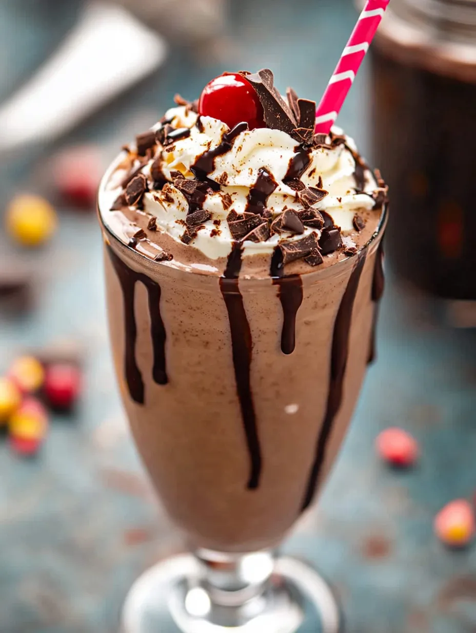 A chocolate milkshake with a cherry on top.