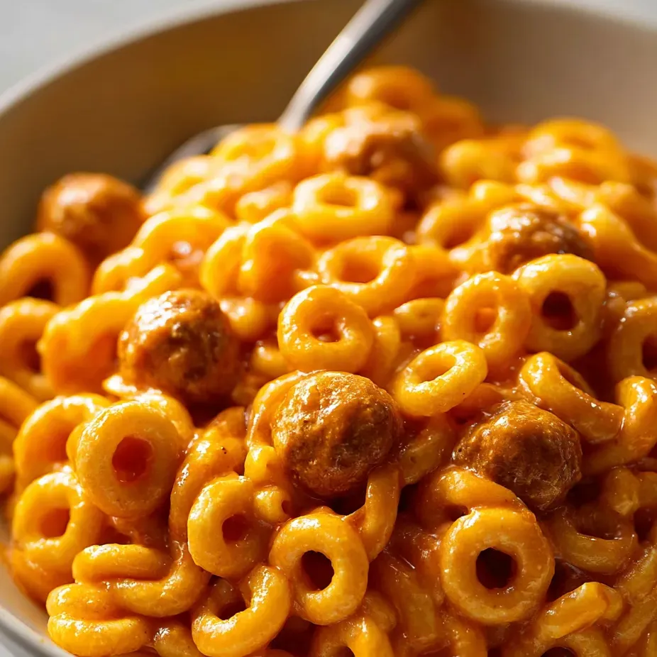 Spoon scooping cheesy pasta from a bowl.
