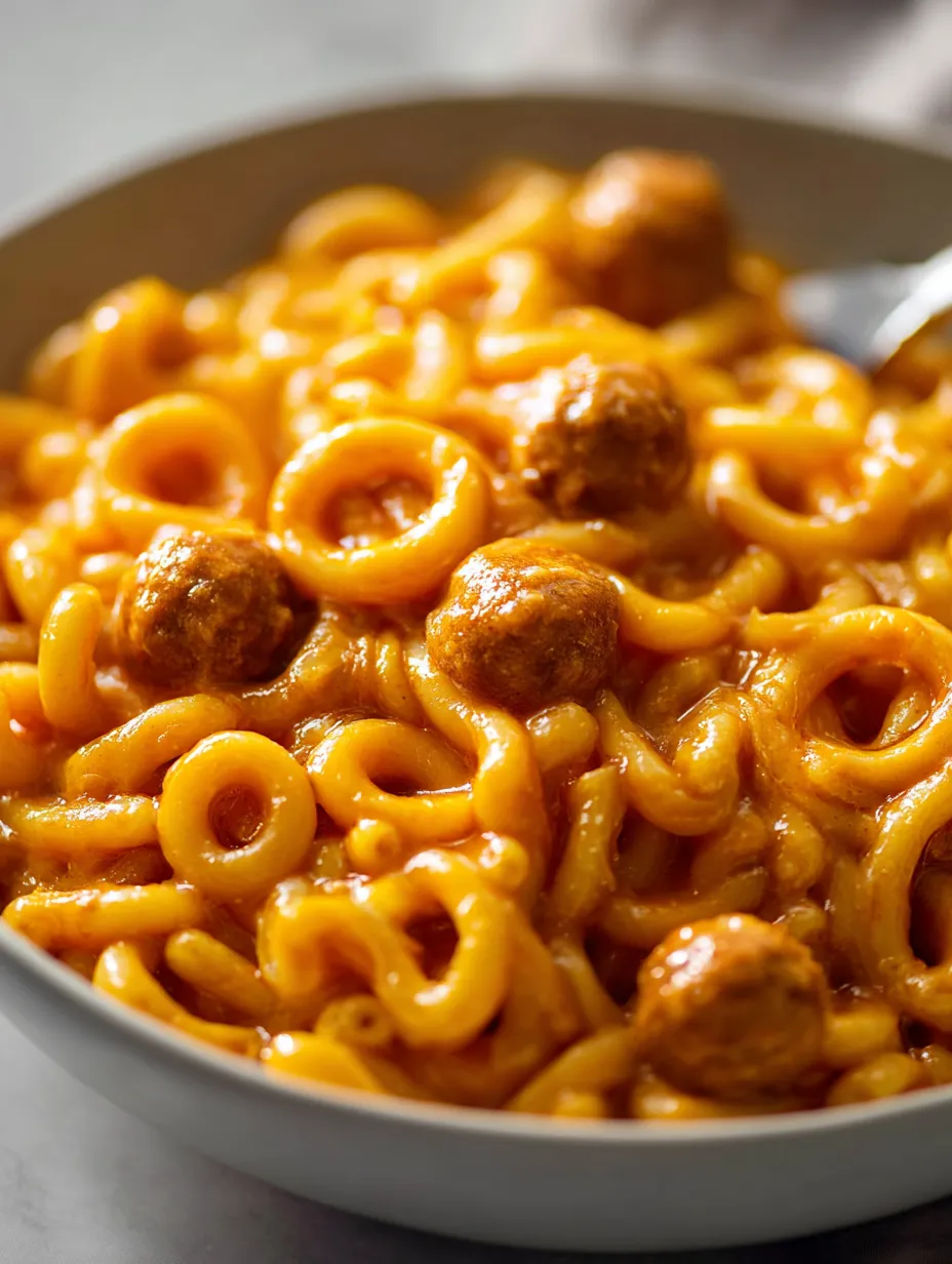 A bowl of pasta with meatballs.