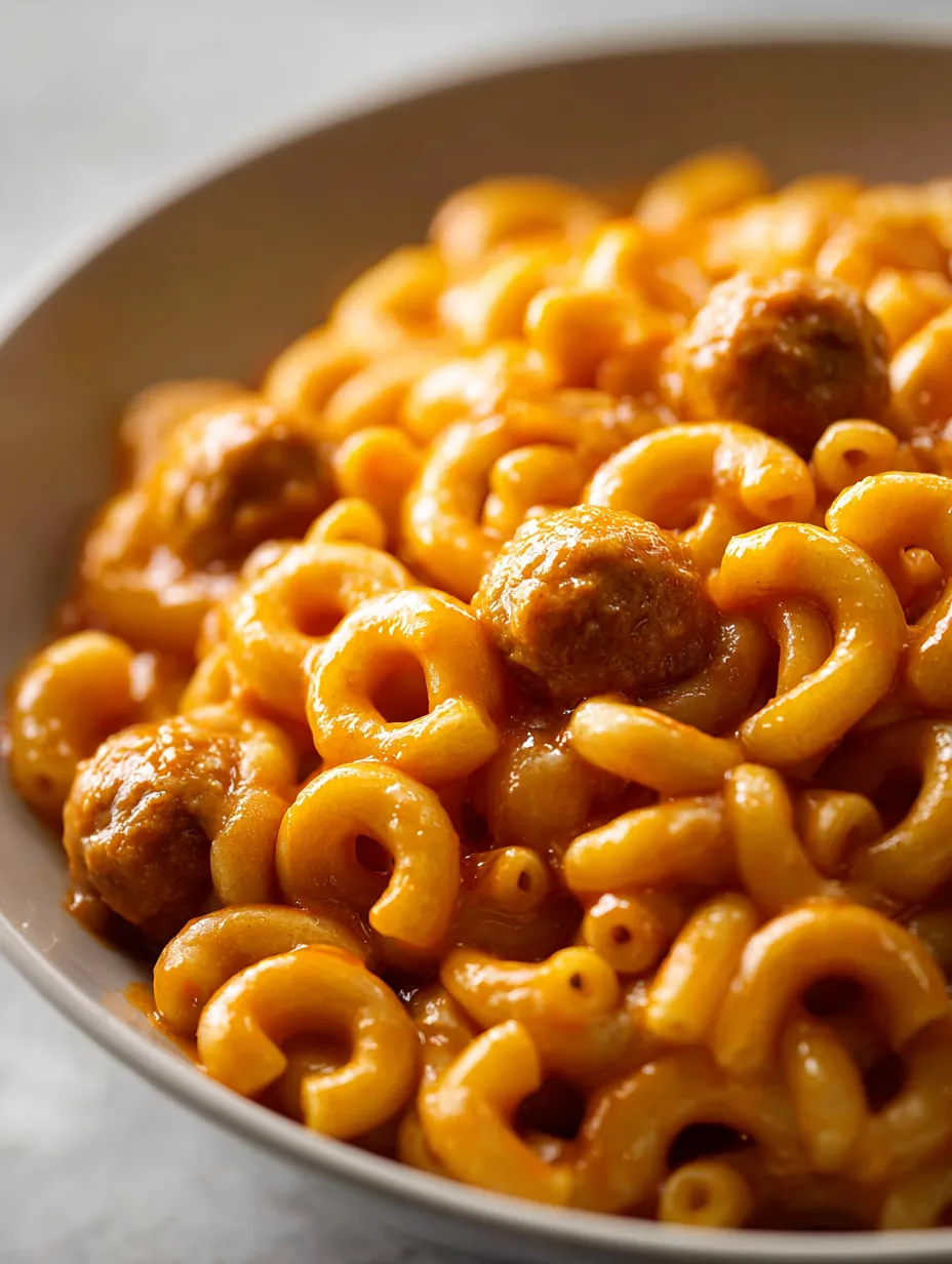 A bowl of macaroni and meatballs.