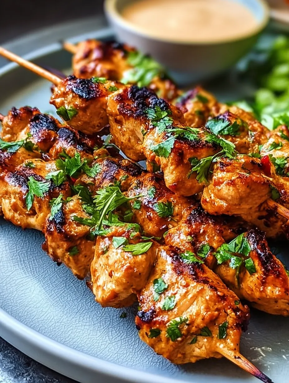 Chicken skewers covered with green herbs on a plate.