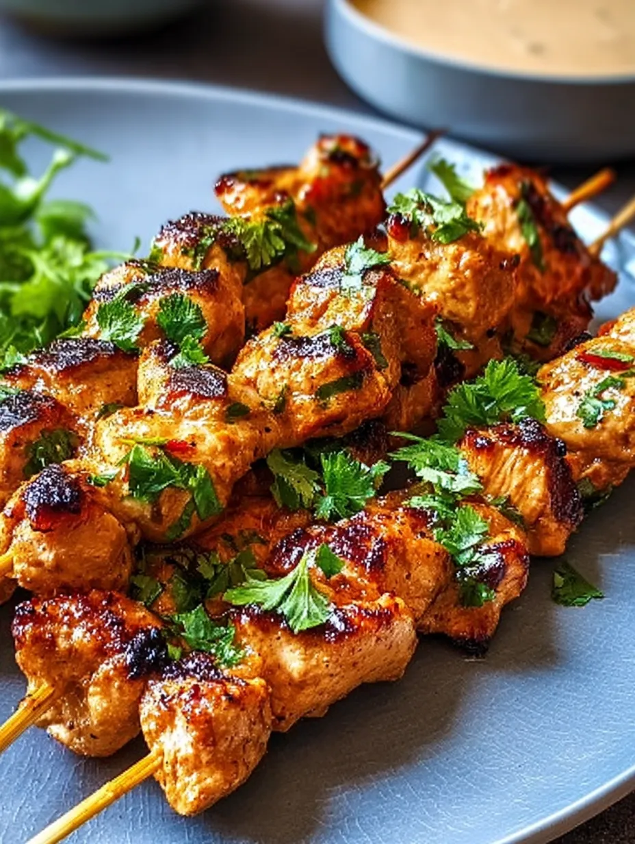 A plate piled high with skewered chicken, greens, and a hit of red sauce.