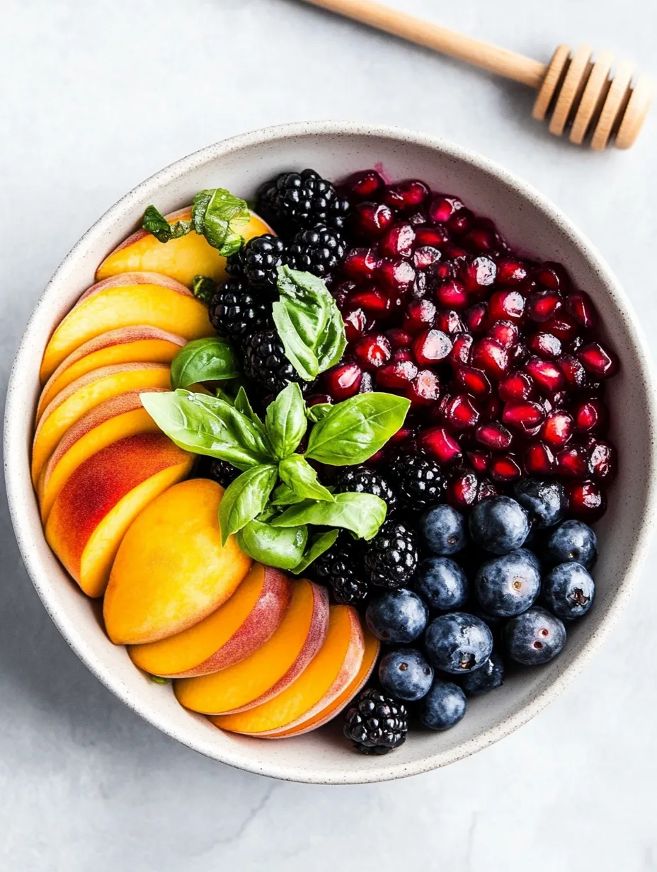 Bowl full of peaches, blueberries, and blackberries.