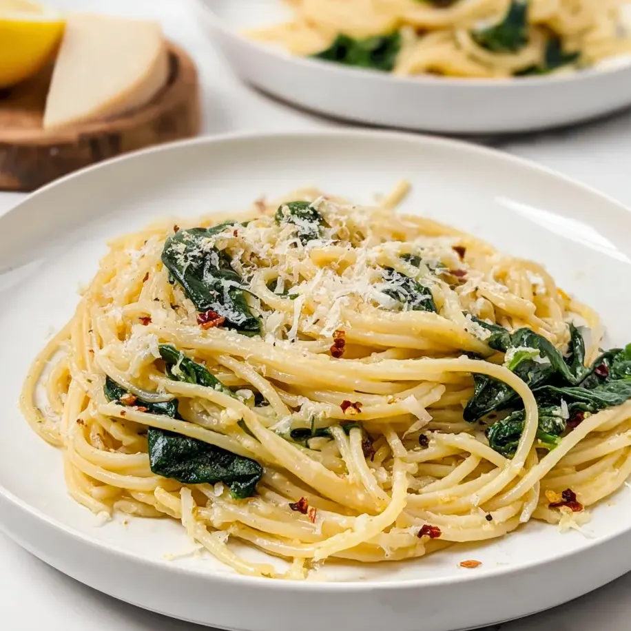 Pasta topped with spinach and cheese on a plate.