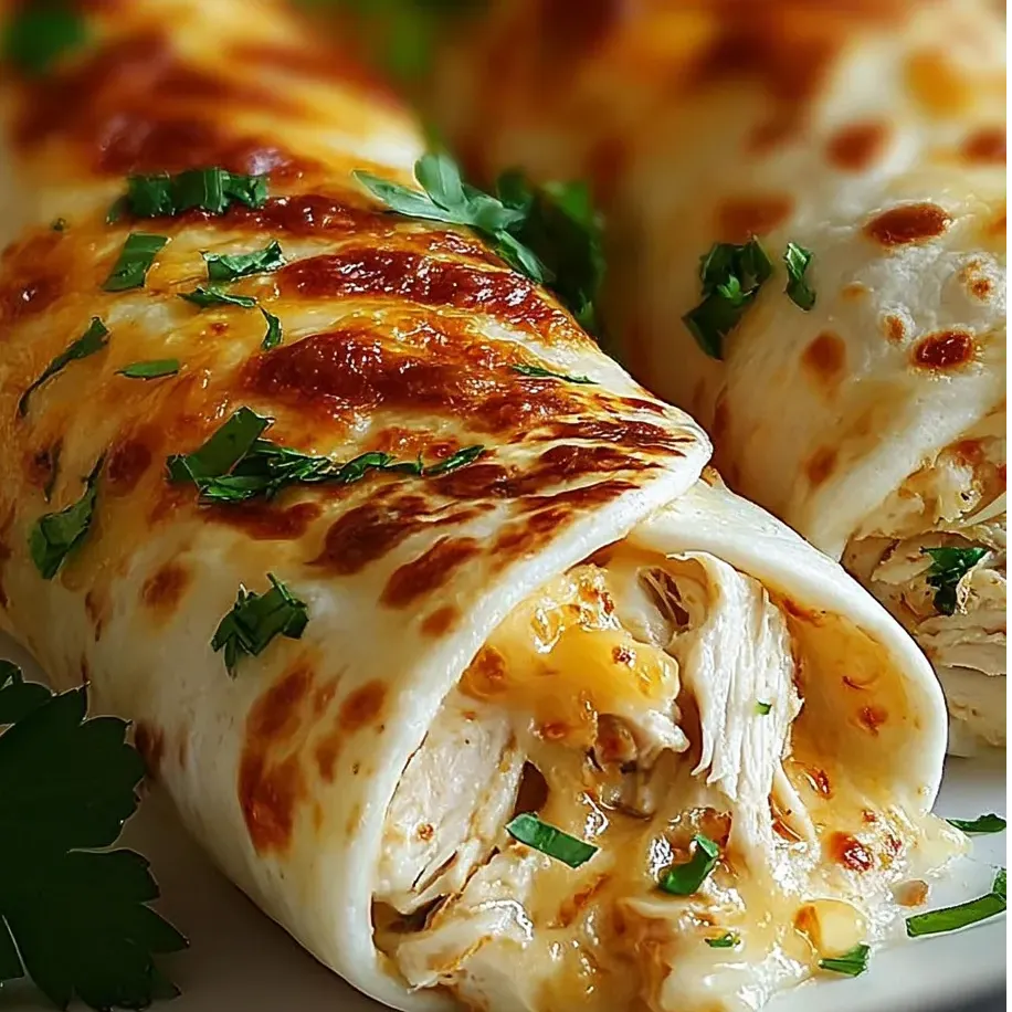 A plate with a chicken tortilla and a rolled wrap, ready to eat.