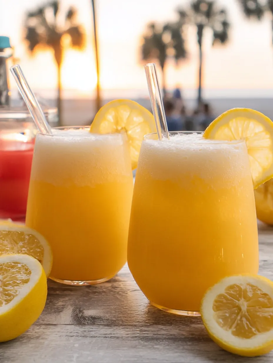 Two chilled lemon drinks with lemon rounds inside.