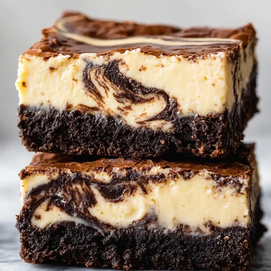 Brownie bar with chocolate and vanilla swirl on top.